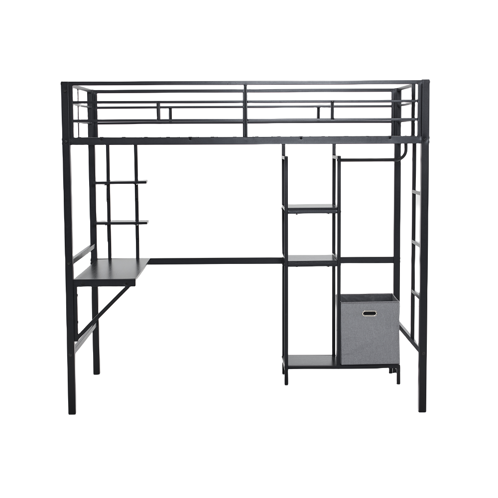 Twin Size Metal Loft Bed with Desk and Storage Shelves, Full-length Guardrails, Loft Bed Frame for Teens Juniors Adults, Noise Free, No Box Spring Needed