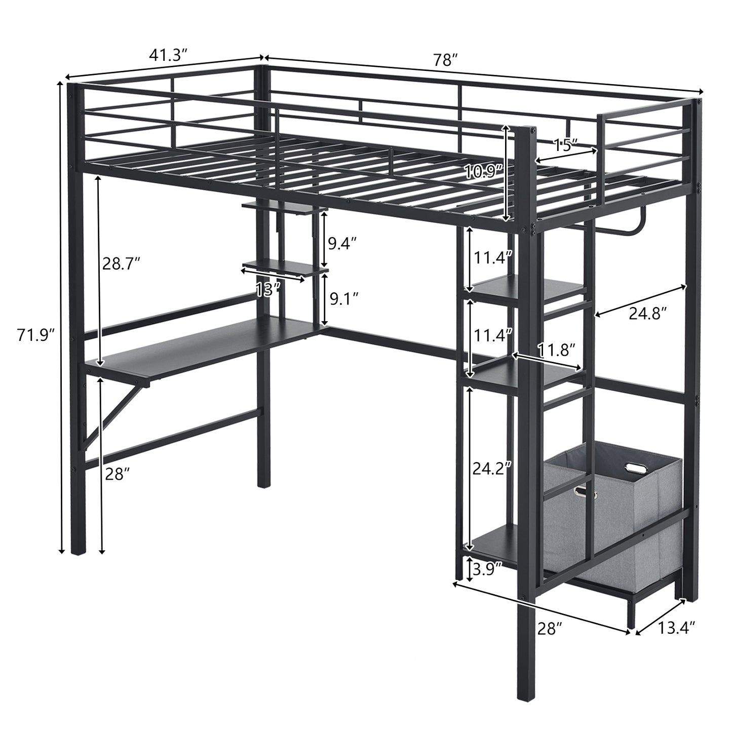 Twin Size Metal Loft Bed with Desk and Storage Shelves, Full-length Guardrails, Loft Bed Frame for Teens Juniors Adults, Noise Free, No Box Spring Needed