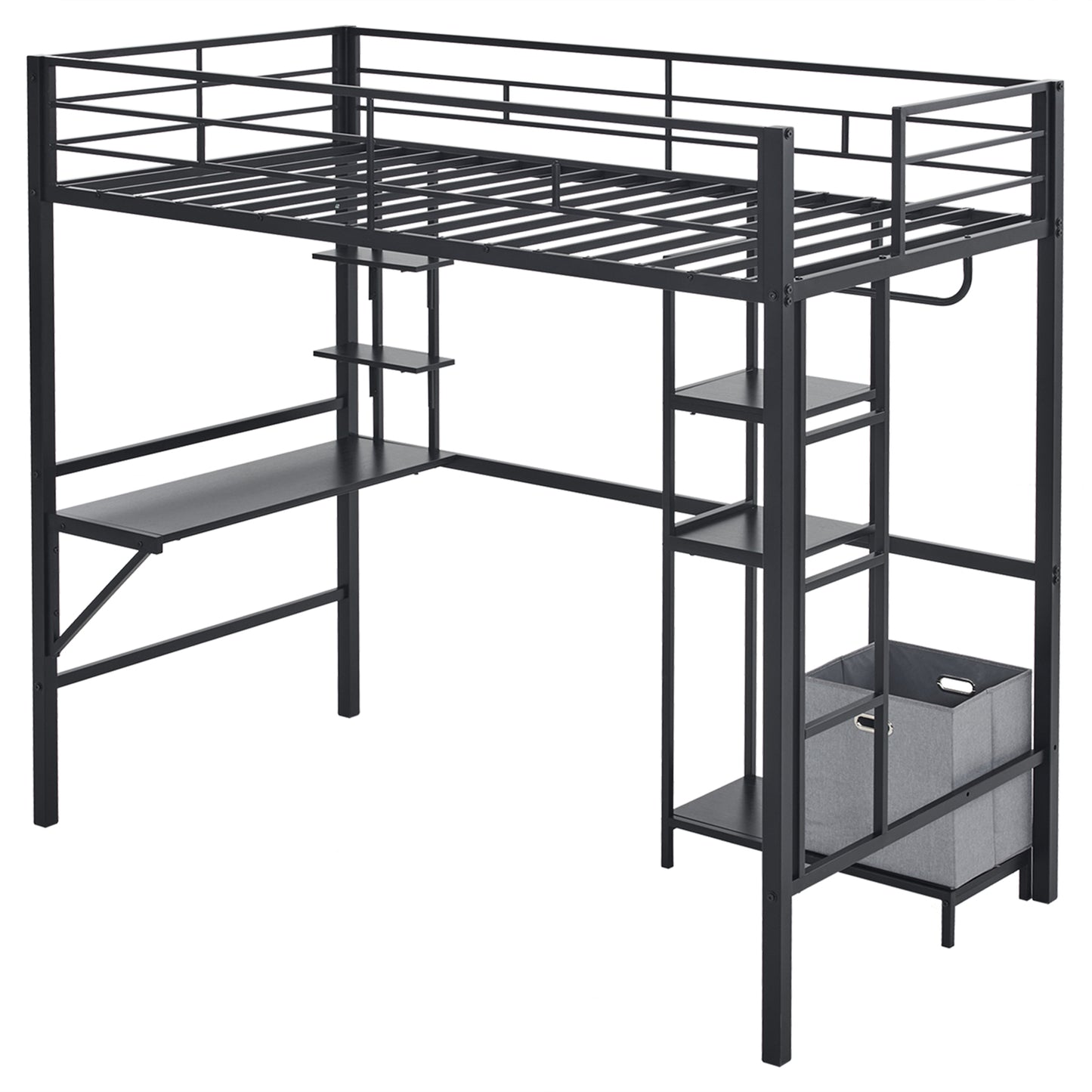 Twin Size Metal Loft Bed with Desk and Storage Shelves, Full-length Guardrails, Loft Bed Frame for Teens Juniors Adults, Noise Free, No Box Spring Needed