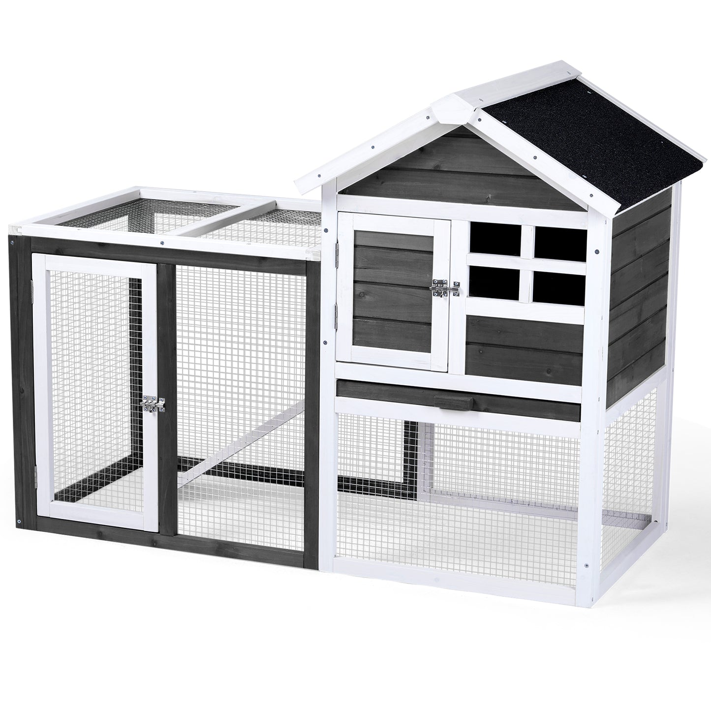 Wooden Rabbit Hutch Outdoor Chicken Coop Indoor Bunny Cage with Run, Guinea Pig House Pet House with Pull Out Upper Tray, Grey