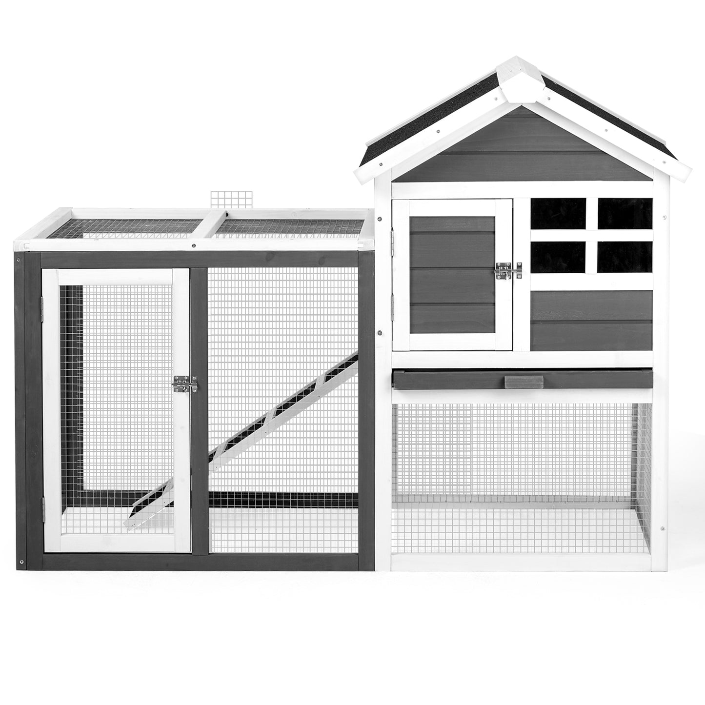 Wooden Rabbit Hutch Outdoor Chicken Coop Indoor Bunny Cage with Run, Guinea Pig House Pet House with Pull Out Upper Tray, Grey