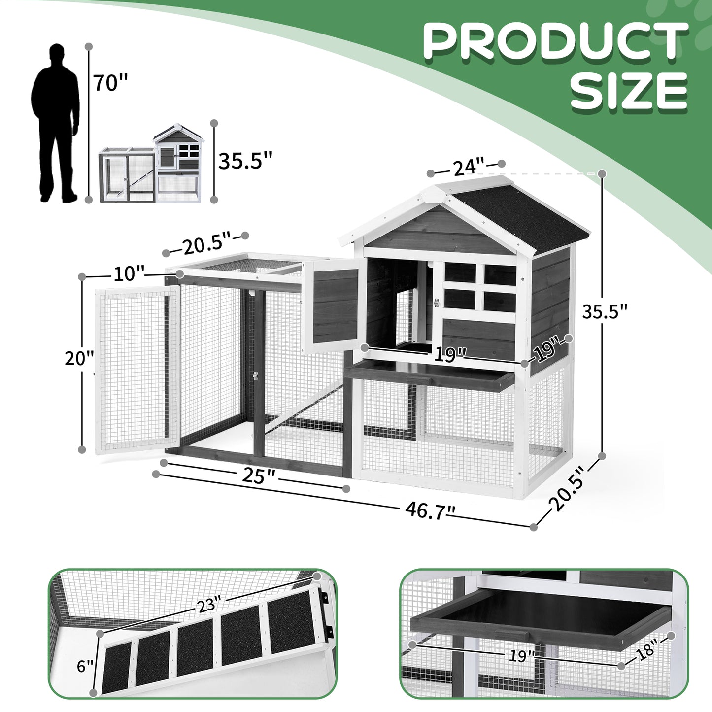 Wooden Rabbit Hutch Outdoor Chicken Coop Indoor Bunny Cage with Run, Guinea Pig House Pet House with Pull Out Upper Tray, Grey