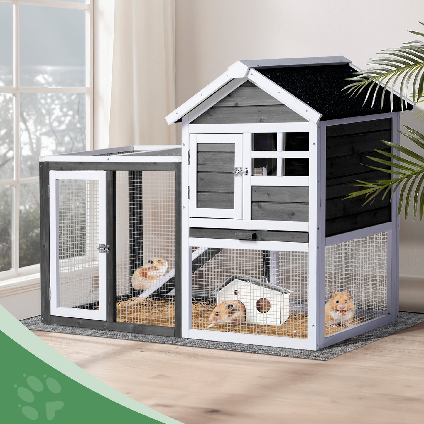 Wooden Rabbit Hutch Outdoor Chicken Coop Indoor Bunny Cage with Run, Guinea Pig House Pet House with Pull Out Upper Tray, Grey