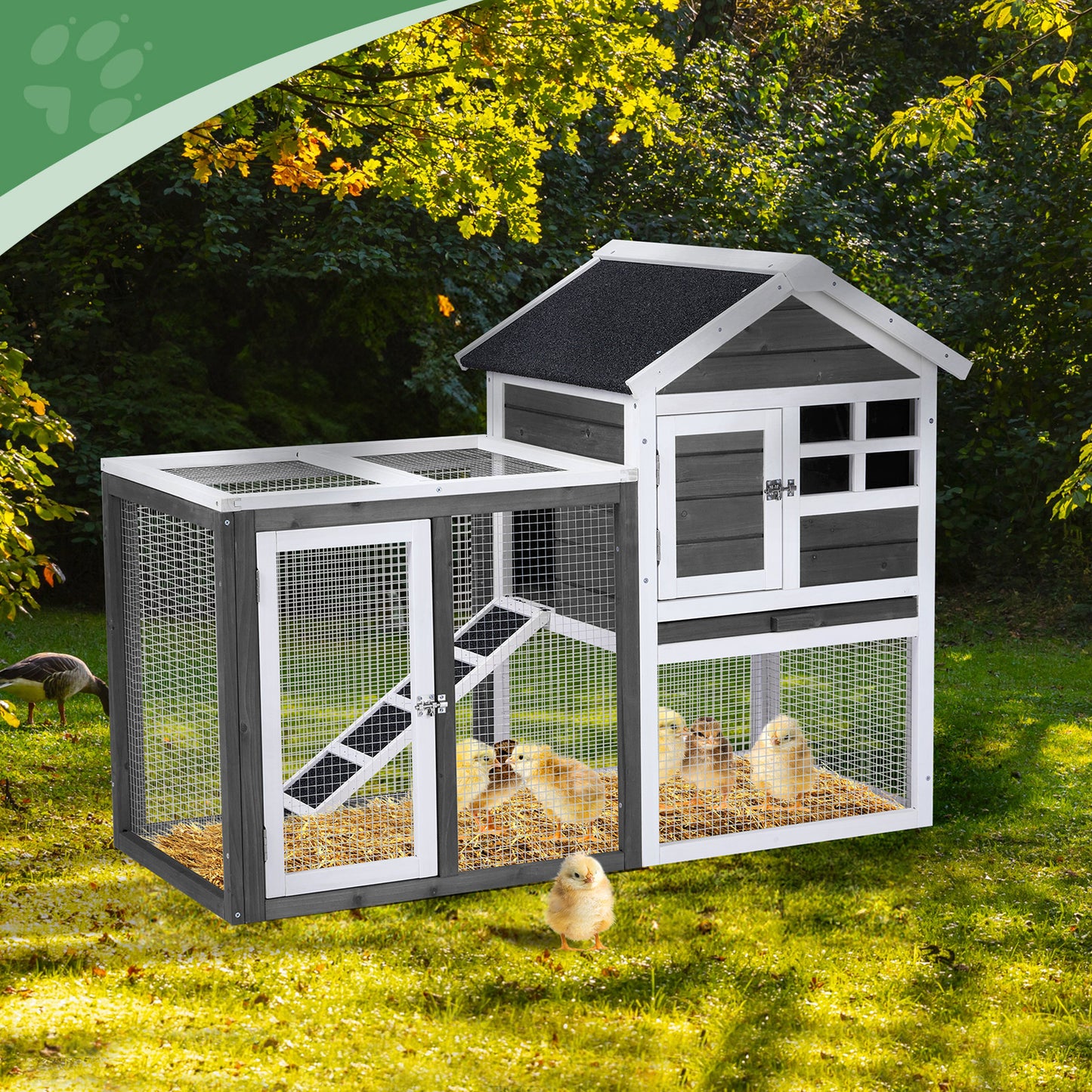 Wooden Rabbit Hutch Outdoor Chicken Coop Indoor Bunny Cage with Run, Guinea Pig House Pet House with Pull Out Upper Tray, Grey