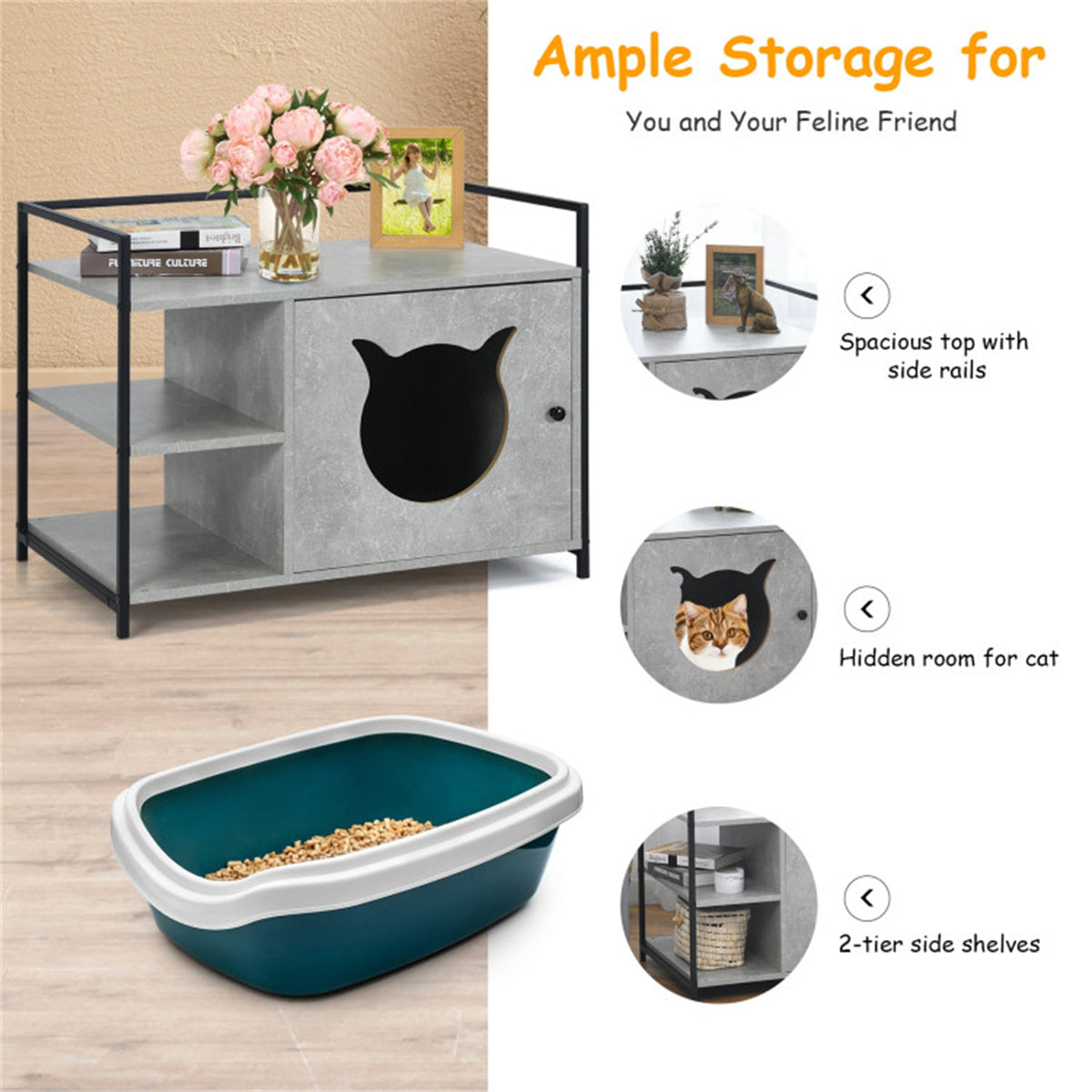 Wooden cat litter box, cat house with 2-level storage shelf living room end table