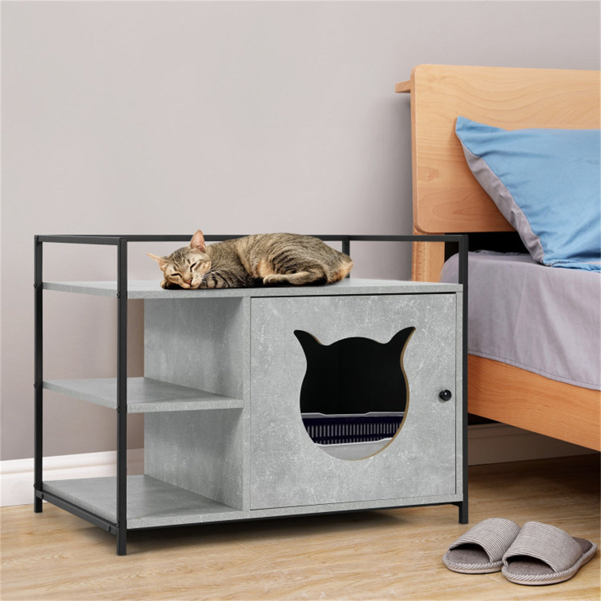 Wooden cat litter box, cat house with 2-level storage shelf living room end table