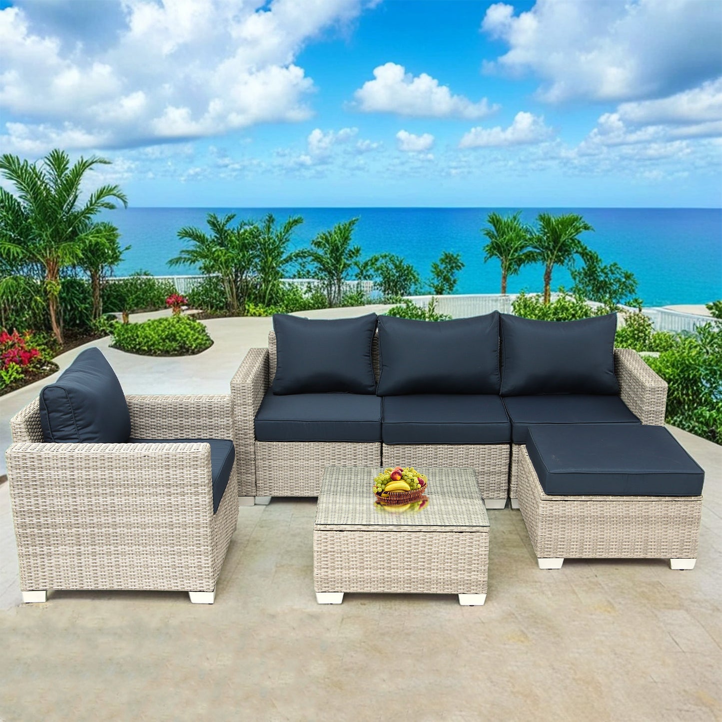 Patio Furniture,6 Pieces Outdoor Wicker Furniture Set Patio Rattan Sectional Conversation Sofa Set with Ottoman and Glass Top Table for Balcony Lawn and Garden