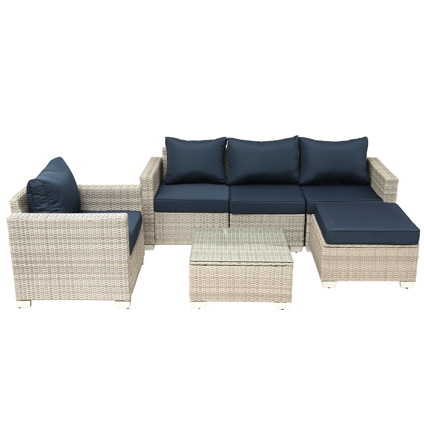 Patio Furniture,6 Pieces Outdoor Wicker Furniture Set Patio Rattan Sectional Conversation Sofa Set with Ottoman and Glass Top Table for Balcony Lawn and Garden