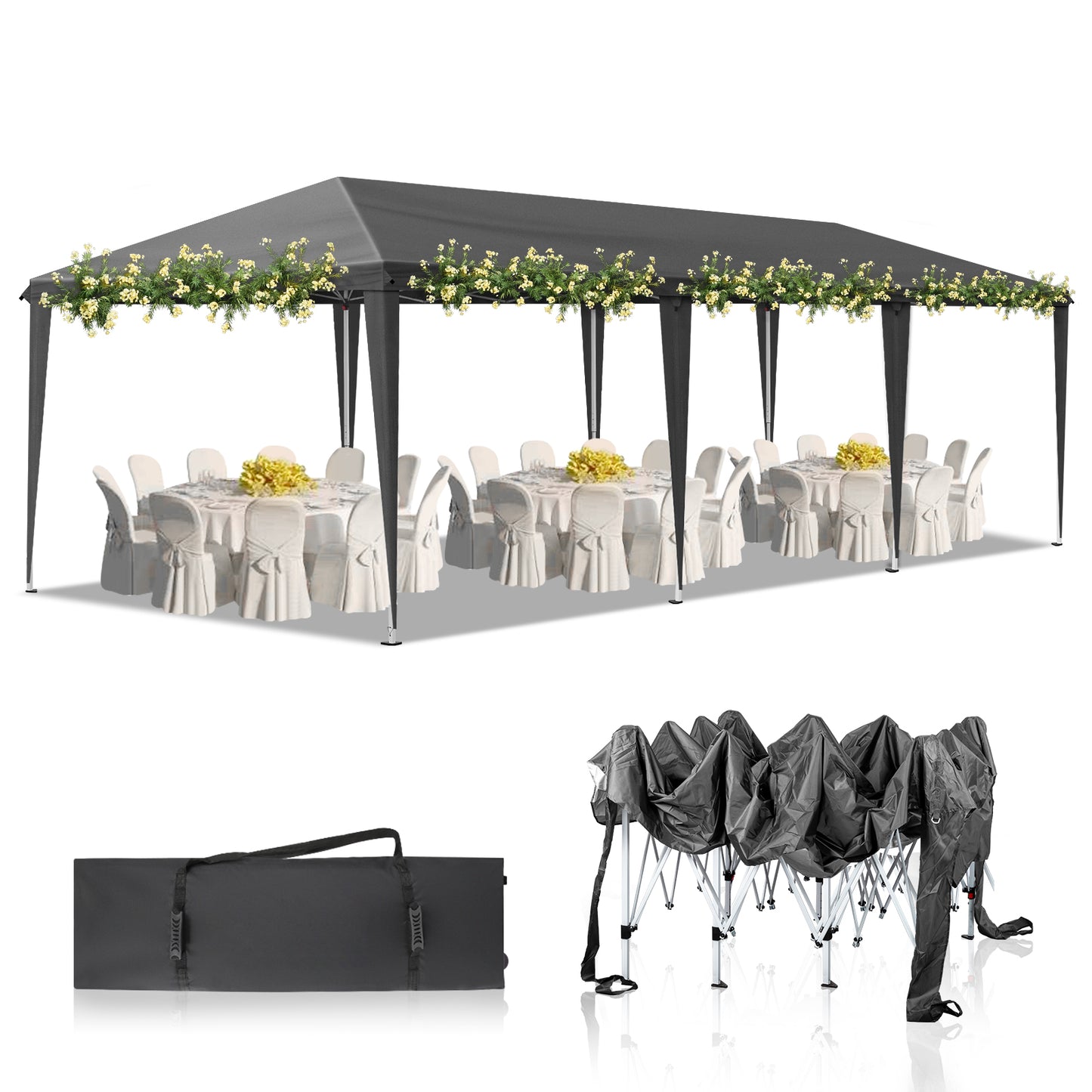 10*30ft dark grey folding shed Oxford white painted frame with 8 sandbags with tugboat bag