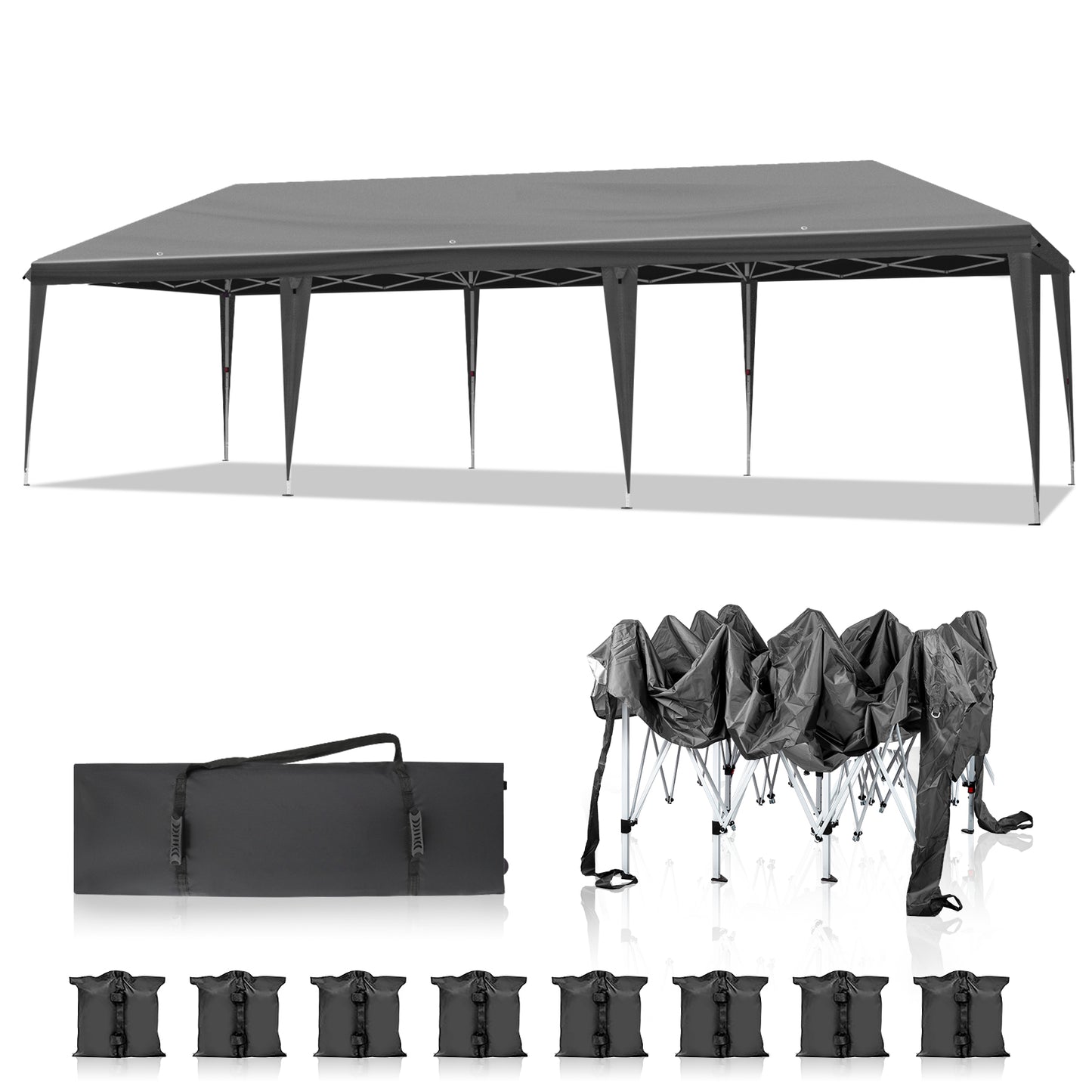 10*30ft dark grey folding shed Oxford white painted frame with 8 sandbags with tugboat bag