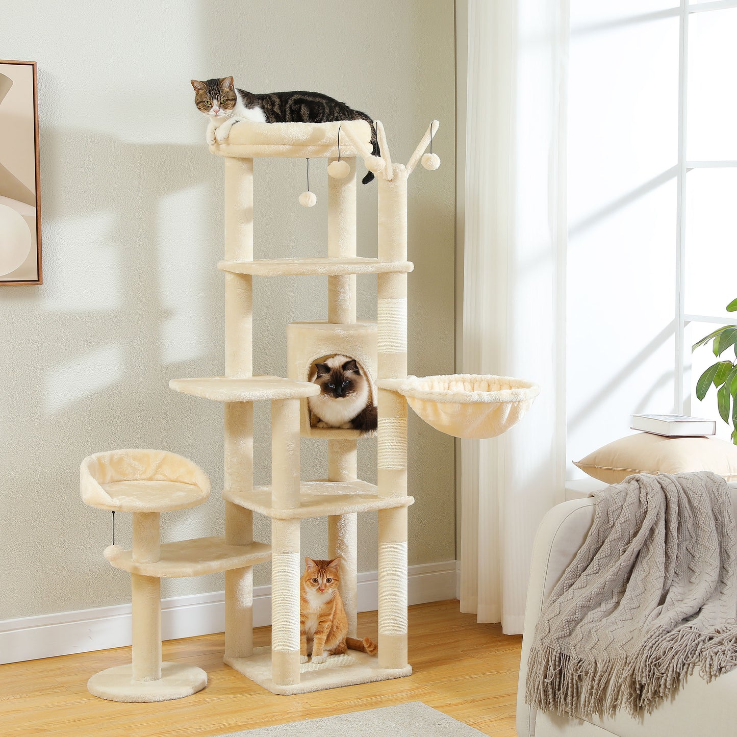 59" Cat Tree,Cat Tower for Large Cats,Multi-Level Cat Tower with 3 Removable Pompom Sticks,Cat Condo with Large Hammock,Scratching Post,and 2 Perches,Beige(Banned shein,unable to ship on weekends)