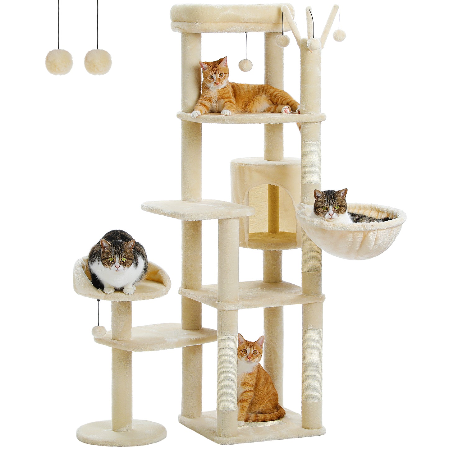 59" Cat Tree,Cat Tower for Large Cats,Multi-Level Cat Tower with 3 Removable Pompom Sticks,Cat Condo with Large Hammock,Scratching Post,and 2 Perches,Beige(Banned shein,unable to ship on weekends)