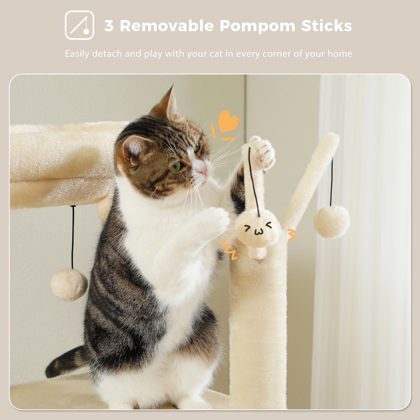 59" Cat Tree,Cat Tower for Large Cats,Multi-Level Cat Tower with 3 Removable Pompom Sticks,Cat Condo with Large Hammock,Scratching Post,and 2 Perches,Beige(Banned shein,unable to ship on weekends)