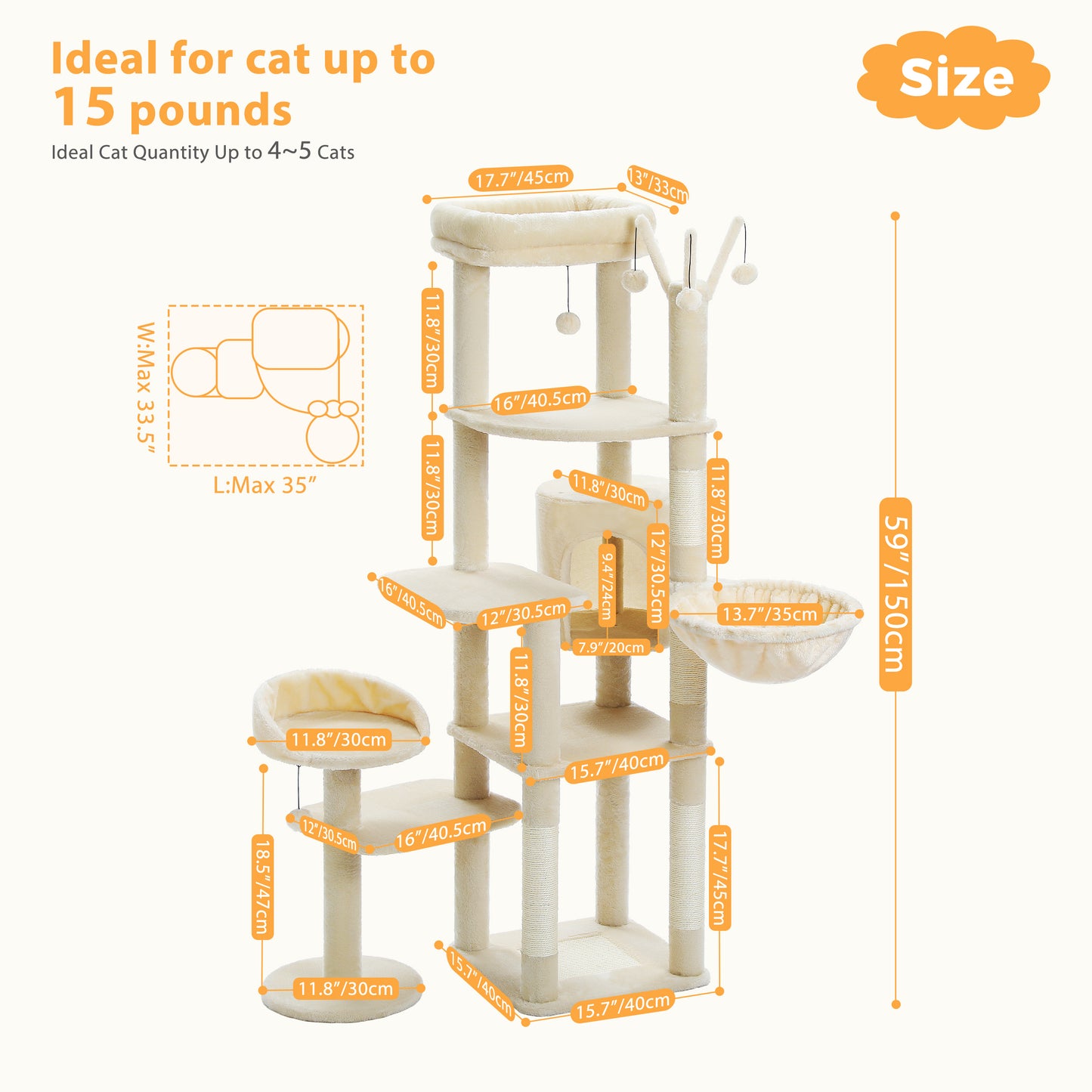 59" Cat Tree,Cat Tower for Large Cats,Multi-Level Cat Tower with 3 Removable Pompom Sticks,Cat Condo with Large Hammock,Scratching Post,and 2 Perches,Beige(Banned shein,unable to ship on weekends)