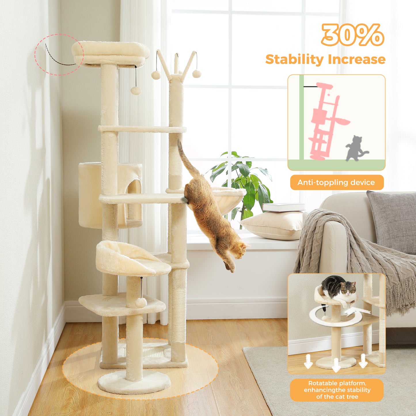 59" Cat Tree,Cat Tower for Large Cats,Multi-Level Cat Tower with 3 Removable Pompom Sticks,Cat Condo with Large Hammock,Scratching Post,and 2 Perches,Beige(Banned shein,unable to ship on weekends)