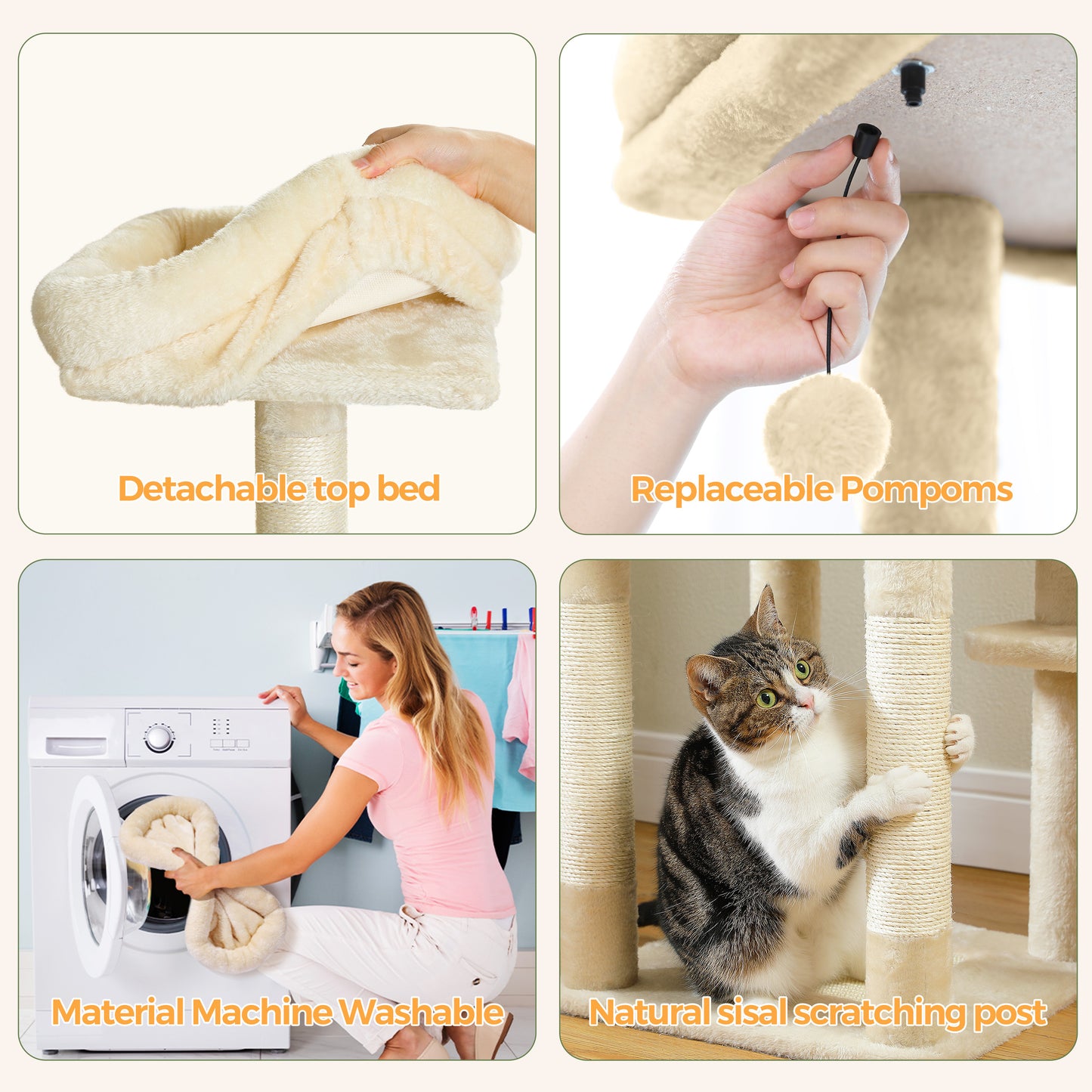 59" Cat Tree,Cat Tower for Large Cats,Multi-Level Cat Tower with 3 Removable Pompom Sticks,Cat Condo with Large Hammock,Scratching Post,and 2 Perches,Beige(Banned shein,unable to ship on weekends)