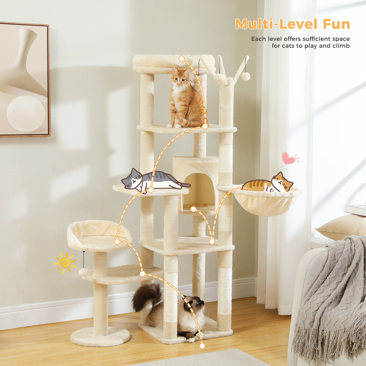 59" Cat Tree,Cat Tower for Large Cats,Multi-Level Cat Tower with 3 Removable Pompom Sticks,Cat Condo with Large Hammock,Scratching Post,and 2 Perches,Beige(Banned shein,unable to ship on weekends)