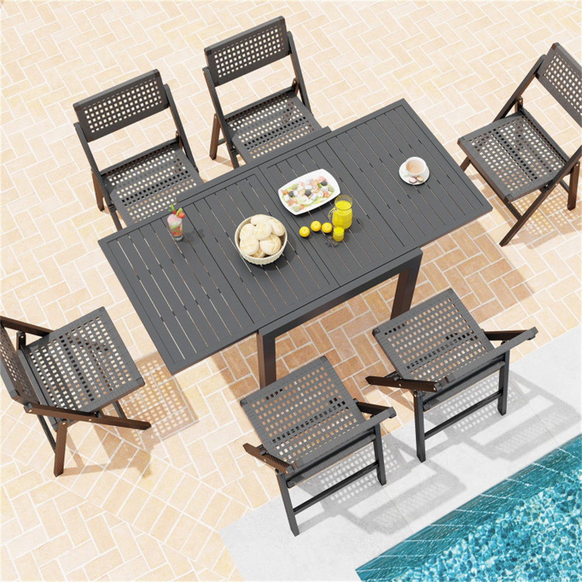 Retractable outdoor dining table, gray patio table for 4-6 with Aluminum Frame