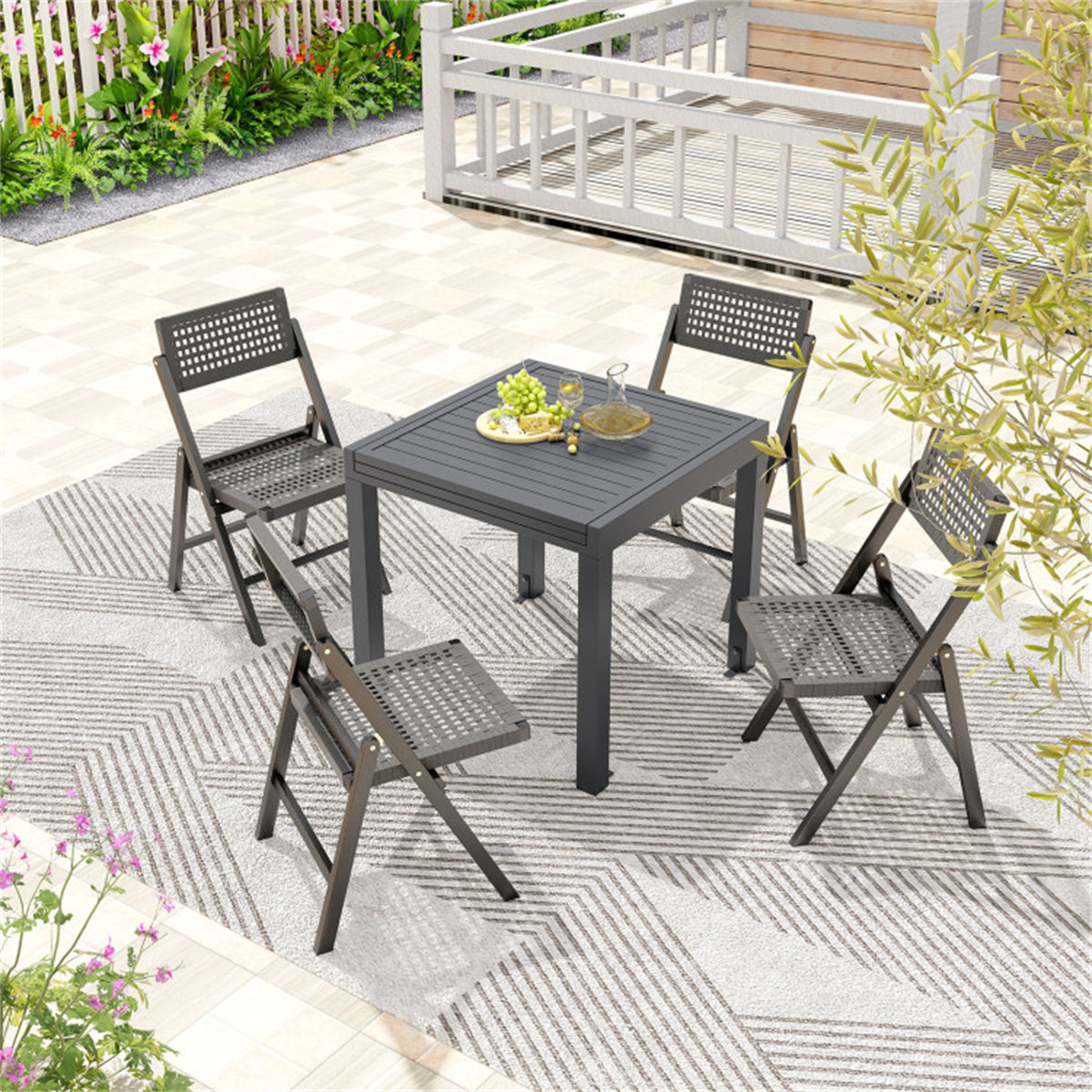 Retractable outdoor dining table, gray patio table for 4-6 with Aluminum Frame