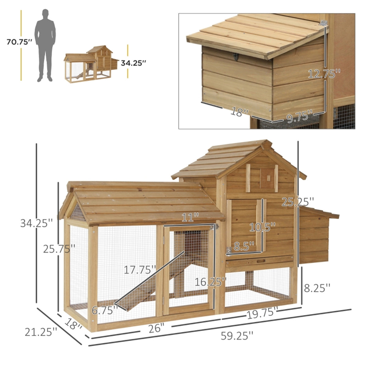 Compact Chicken Coop - Quality Fir Wood, Elevated House, Run, Ramp - Easy Clean, Safe, Airy - For 2 Chickens - Assembly Required