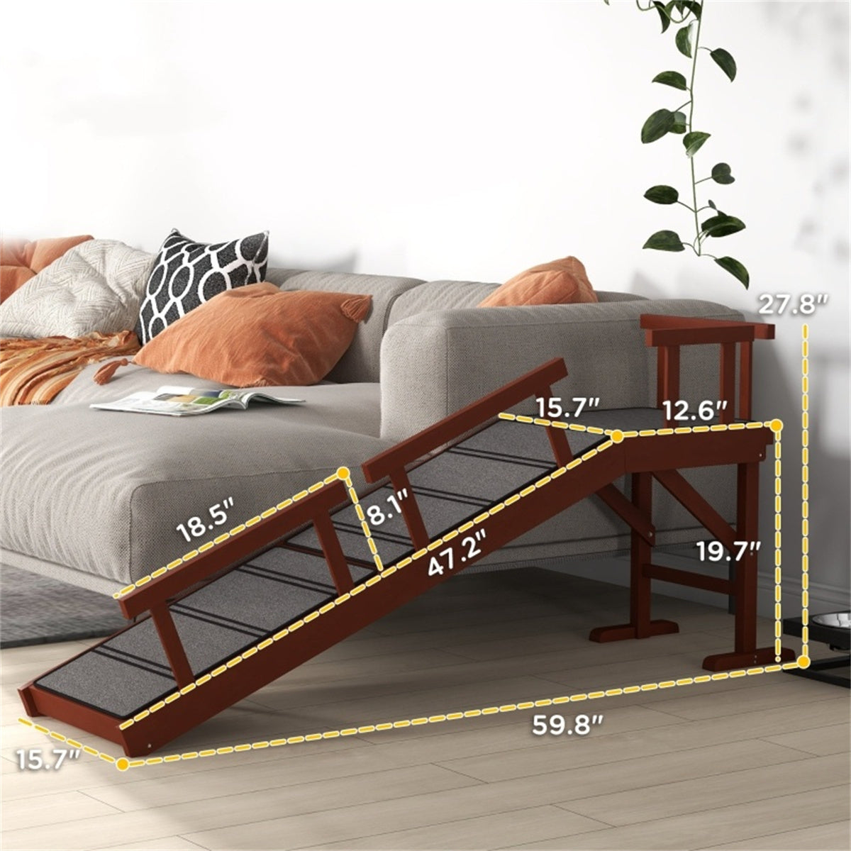 Pet Safety Ramp with Guardrails - Non-Slip, Pine Wood, Easy Climb - For Pets up to 66 lbs, Senior Dogs - Fits Furniture - Assembly Required