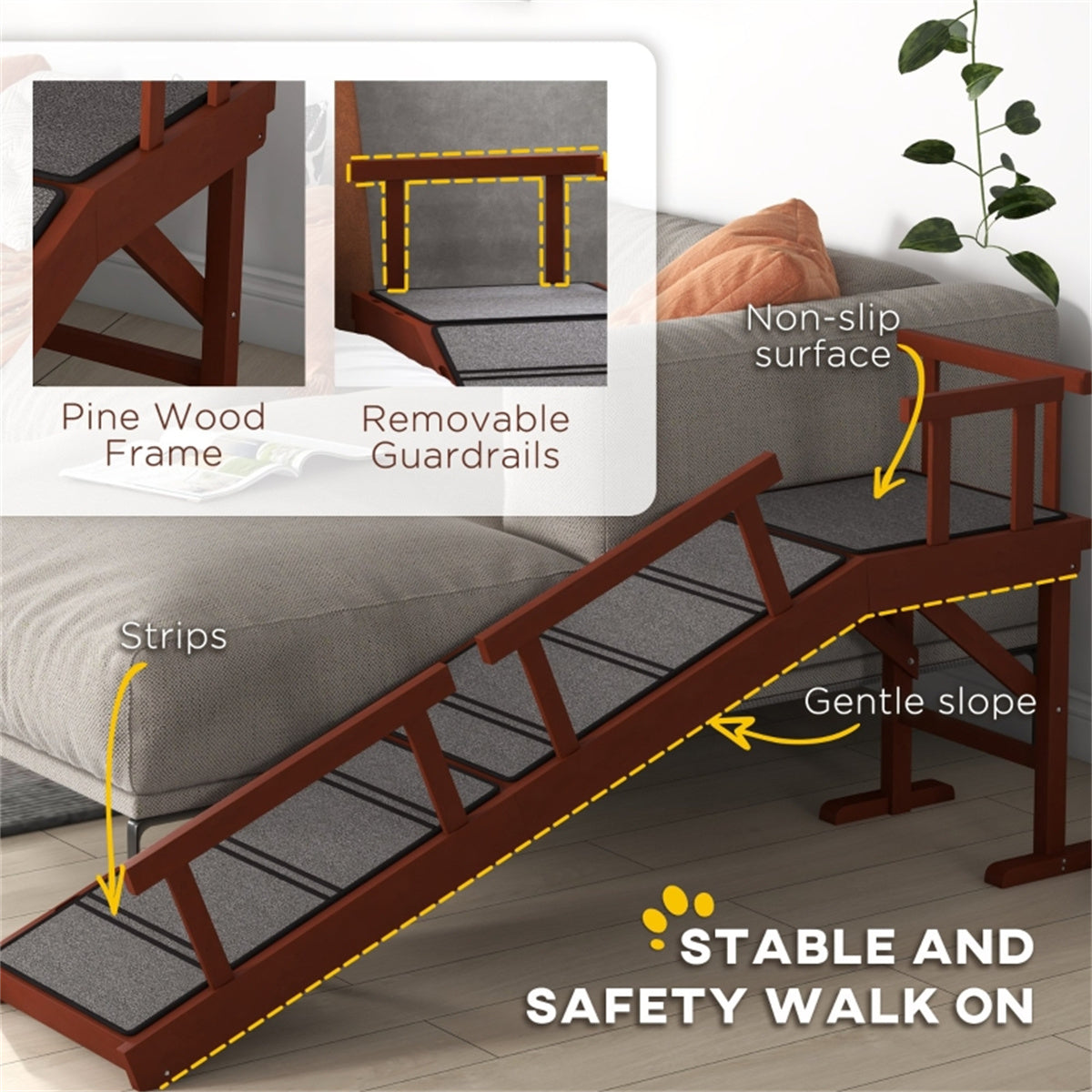 Pet Safety Ramp with Guardrails - Non-Slip, Pine Wood, Easy Climb - For Pets up to 66 lbs, Senior Dogs - Fits Furniture - Assembly Required