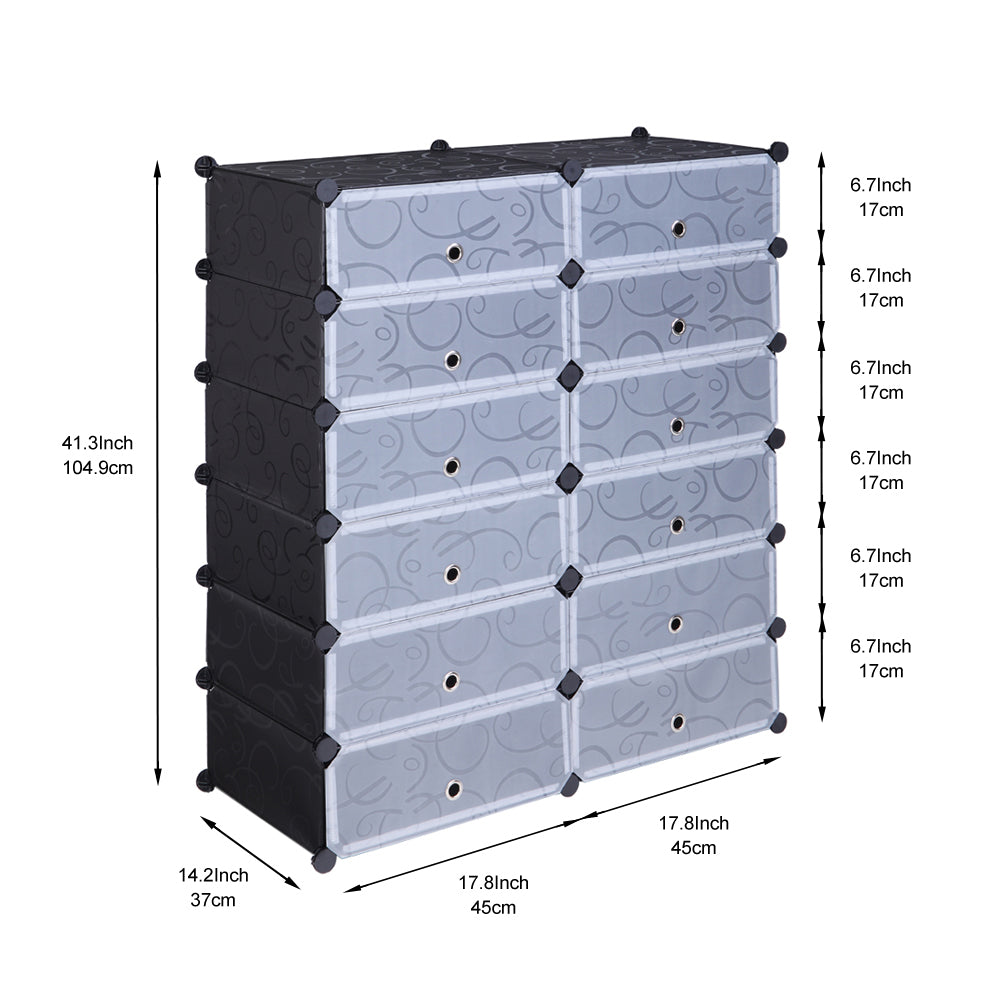 6-Tier Portable  Shoe Rack Organizer  Grids Tower Shelf Storage Cabinet Stand Expandable for Heels DIY, Boots, Slippers, Black，Can accommodate 24pairs of shoes